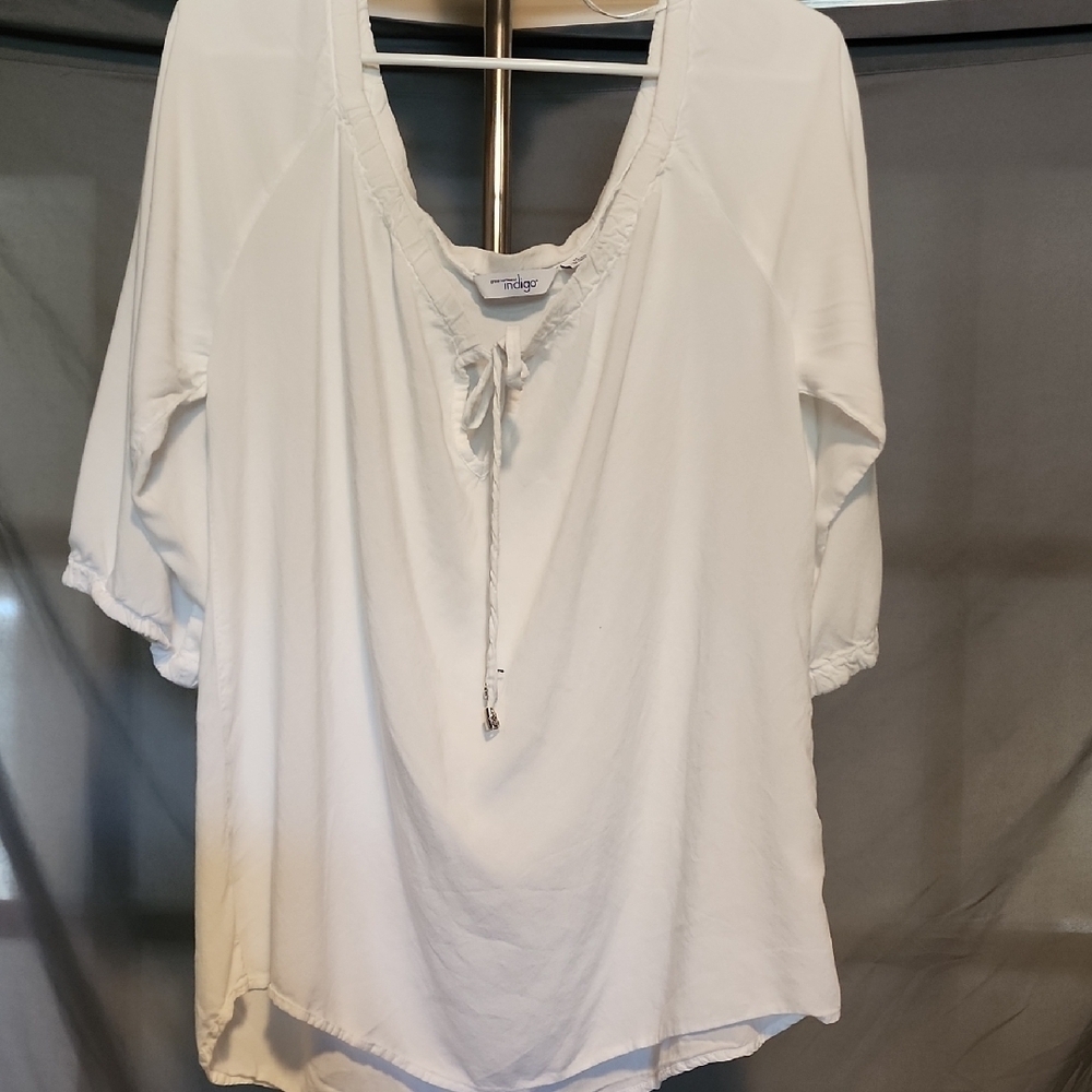 Indigo White Bell Sleeve Tunic with Tie Front
